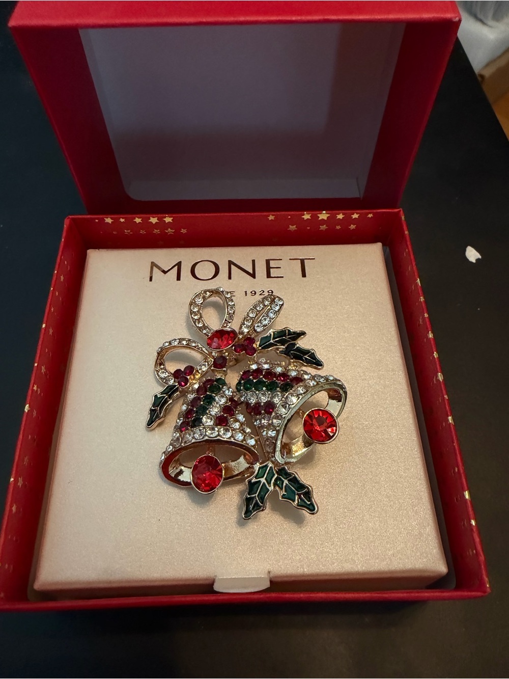 Monet gold tone Red, Green and Holiday Christmas Bell Brooch in original box